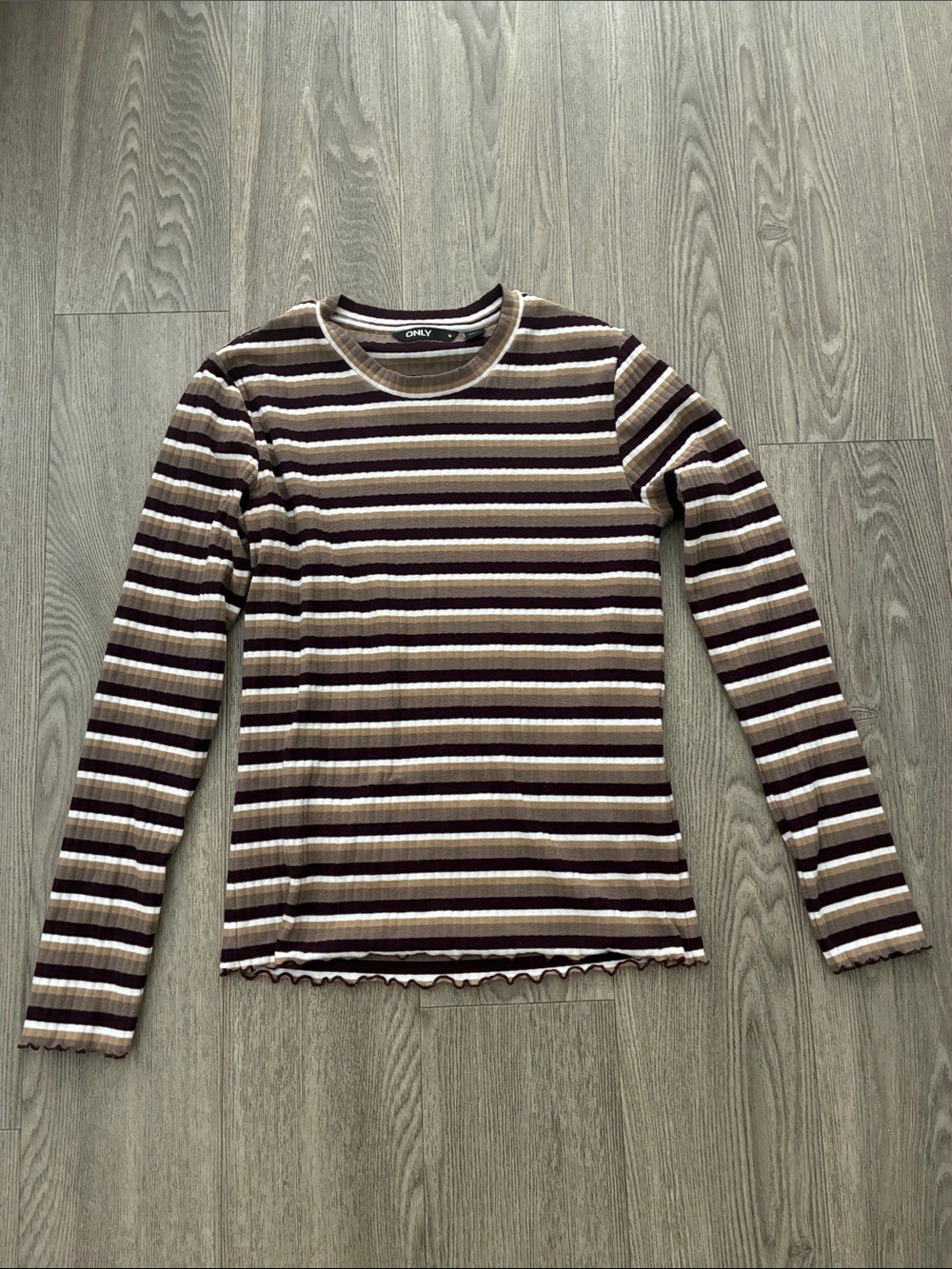 Only Brown and Cream Striped Ribbed Long-Sleeve Tee